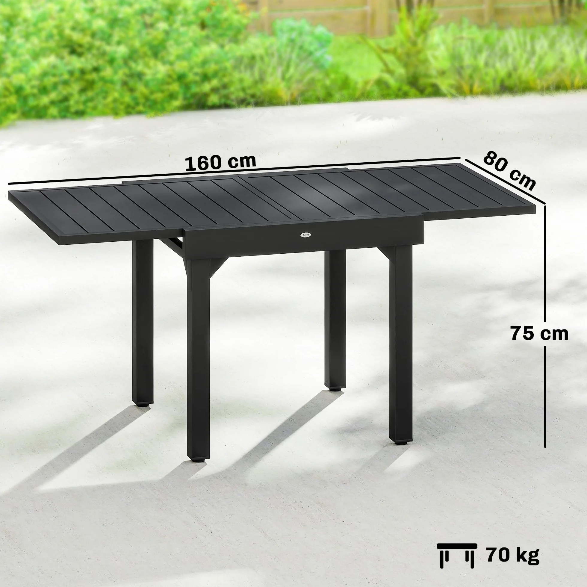 Outsunny Gartentisch Ausziehbarer 80/160 x 80 cm Aluminium Esstisch für 4-6 Personen, Rechteckiger Balkontisch mit Lamellenplatte, Wetterfest Terrassentisch für Garten, Terrasse Balkon Schwarz