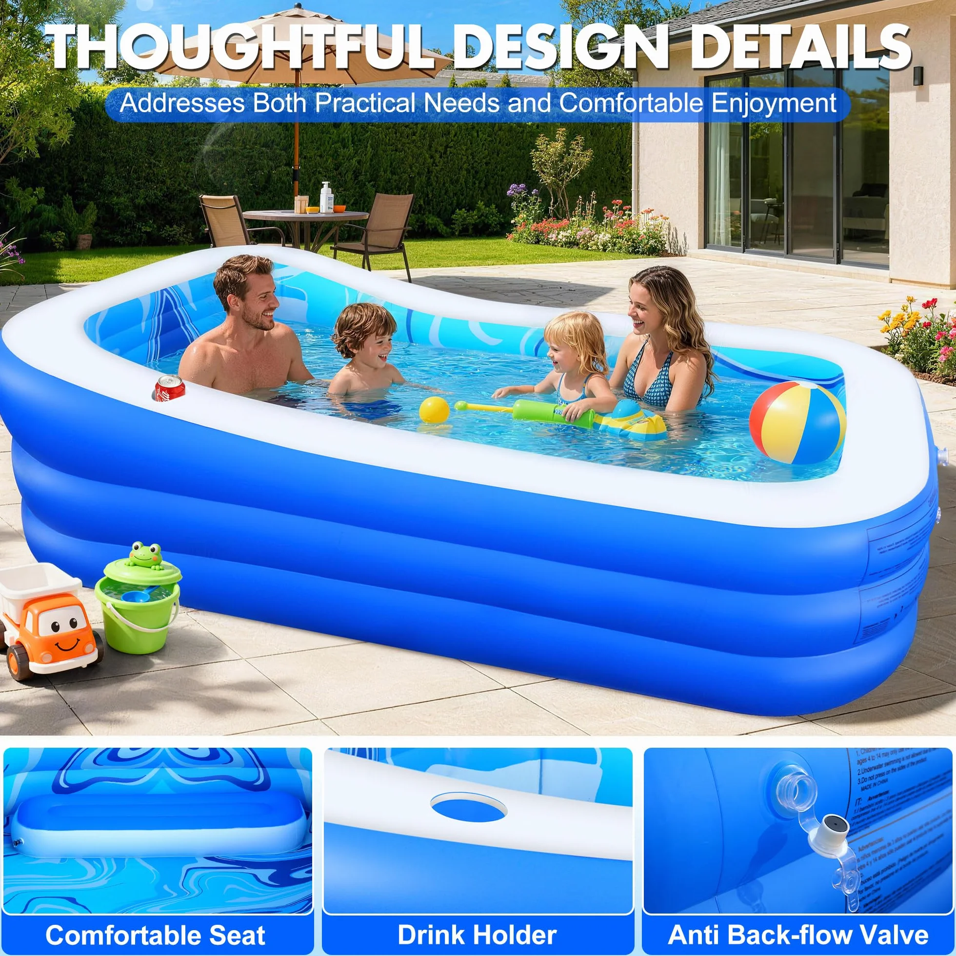 LuxBlue Aufblasbarer Pool Erwachsene, Groß Planschbecken Rechteckig mit Sitzkissen und Rückenlehne, 0.5mm Verdickter Familienpool Aufblasbar XXL, 250 * 160 * 63cm Aufblasbar Schwimmbecken Gartenpool
