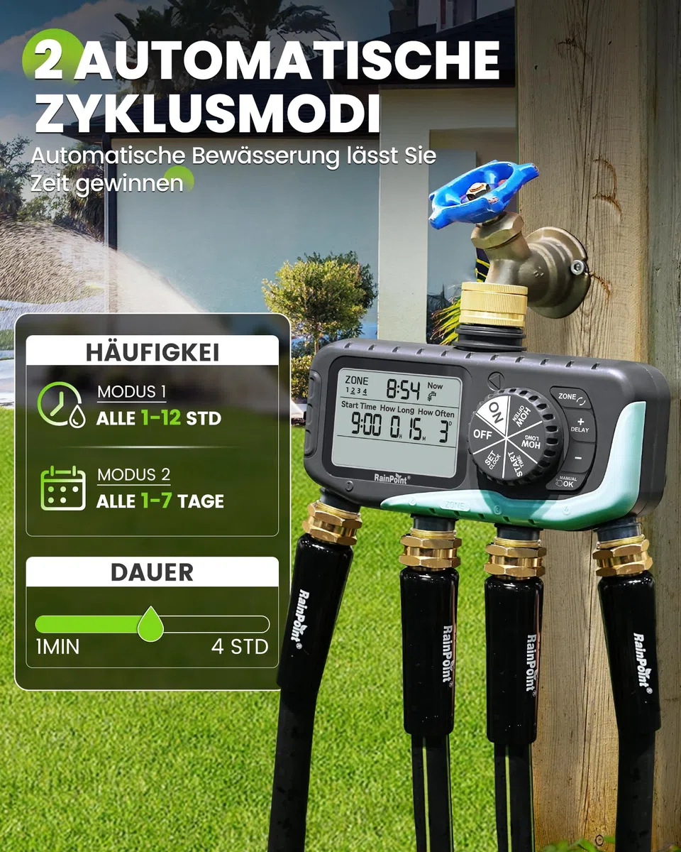 RAINPOINT Bewässerungscomputer 4 Ausgänge, Messing Einlass und Auslass, IP65 Wasserdicht Wasserzeitschaltuhr mit Regenverzögerung/Manueller Bewässerung, Automatische Bewässerung für Rasen und Garten
