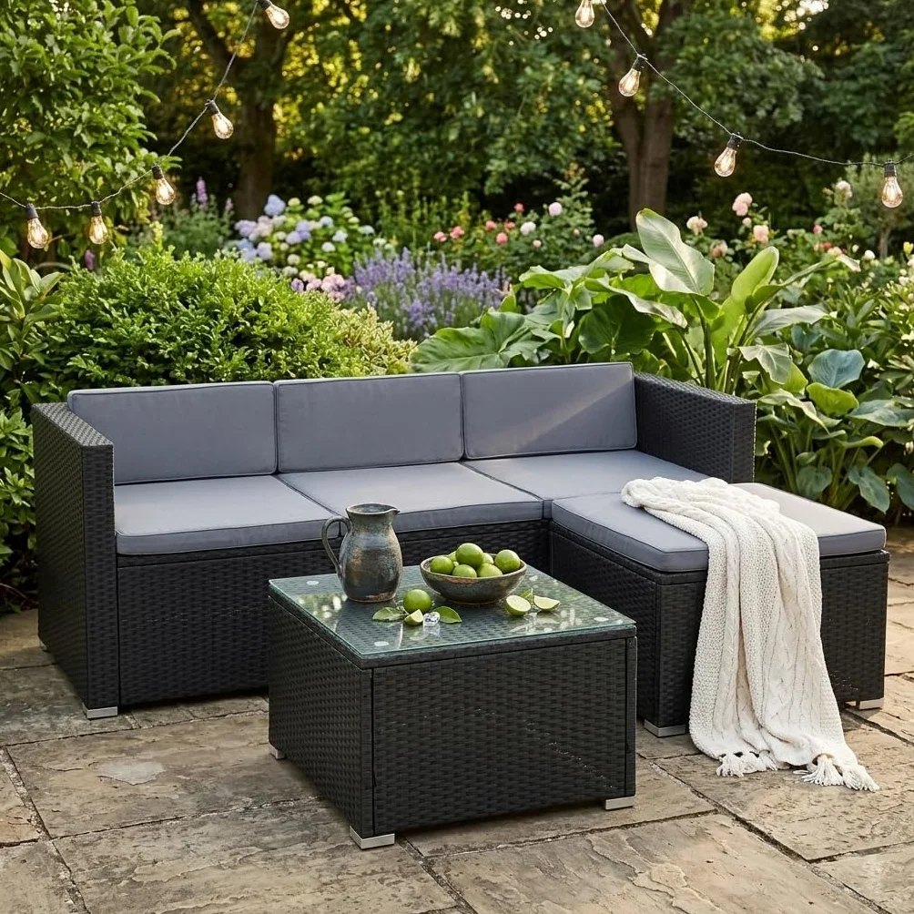 ESTEXO Rattan Lounge Sitzgruppe Polyrattan Gartenmöbel Set Couch 3-Sitzer Rattanmöbel Sofa Set Essgruppe Gartenset Balkon-Set (Schwarz)