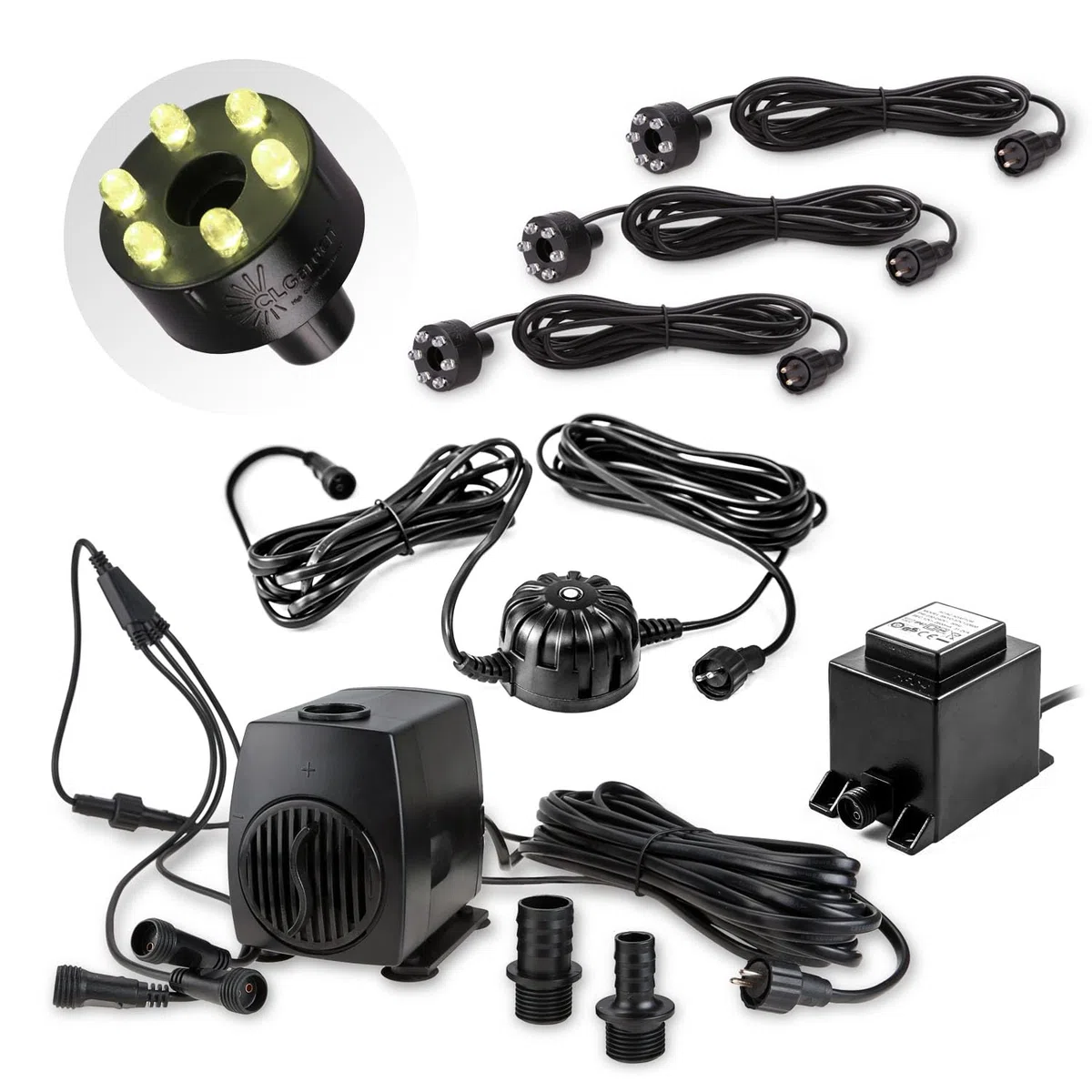 CLGarden Springbrunnen Pumpe SP3-L mit 3x Beleuchtungen warmweiß Lichtsensor 1300 Liter Wasserspiel Dämmerungssensor Pumpe mit LED