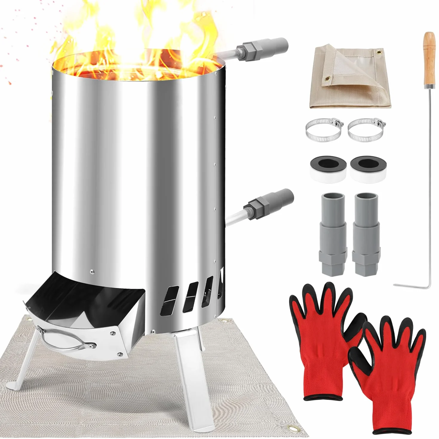 Fiqops Brennholz Poolheizung, Schwimmbadheizung mit Feuer,Edelstahl Poolheizung Feuertonne,Poolofen mit 32-38mm Anschlüsse,Outdoor Poolheizung Holz,mit Feuerfeste Matte und Tablett