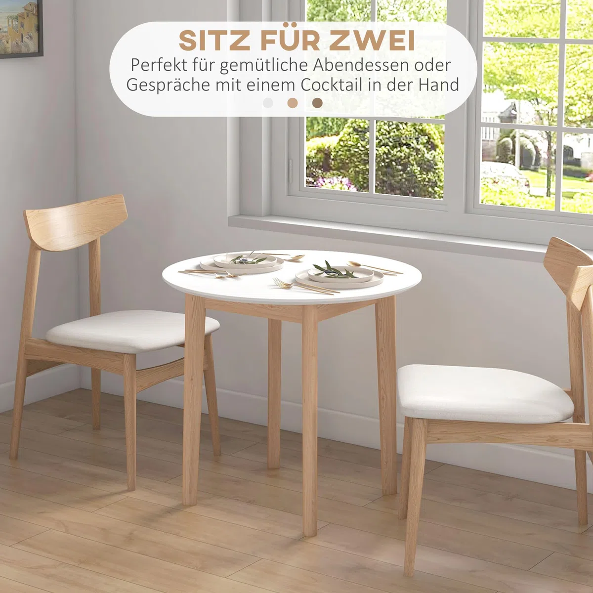 HOMCOM Esstisch, Runder Küchentisch für 2 Personen, Esszimmertisch mit Landhaus-Stil, für Wohnzimmer, Massivholz, Ø75 x 76 cm, Weiß