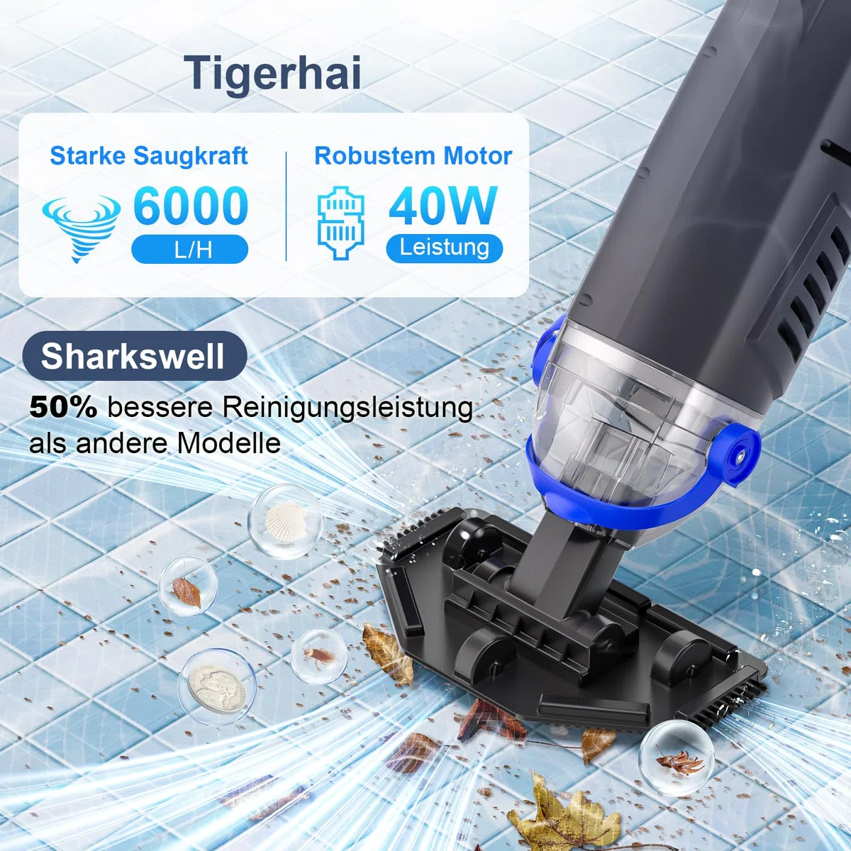 Poolsauger Akku, Absaugung bis zu 6000L/H, 2026 Upgraded Poolsauger Bodensauger mit 300cm Teleskopstangen, 2 Saugköpfe & 4 Filter und Pool Kescher Betriebsdauer bis zu 60 Minuten (Grau)
