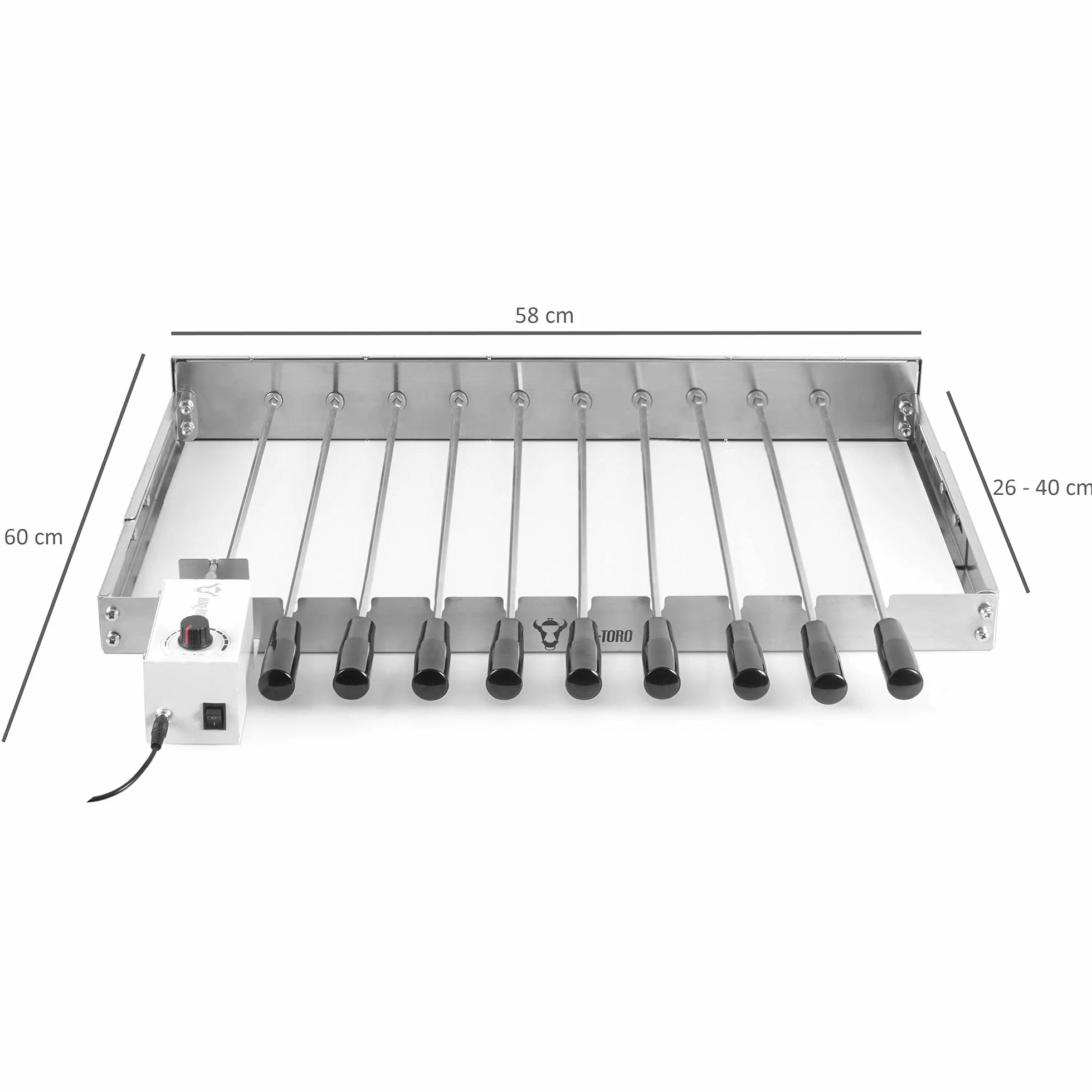 BBQ-Toro elektrischer Spiessdreher | Edelstahl Drehspiess Aufsatz mit 10 Spießen und Motor | größenverstellbar (B) 58 x (T) 26-40 cm | mit Netzstecker und USB | Mangal Schaschlik