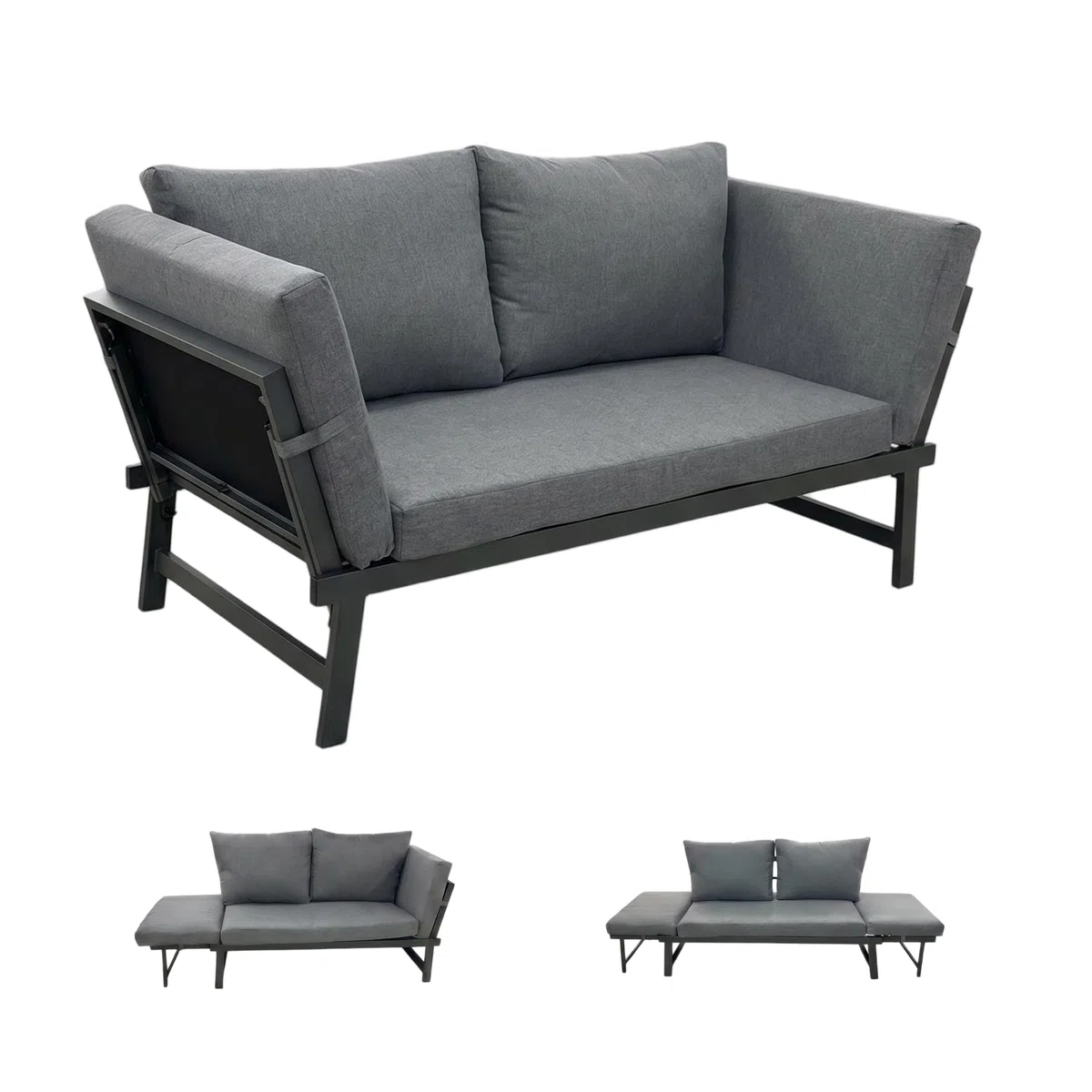 Klappbares 4 in1 Garten-Loungesofa mit Verstellbarer Rückenlehne und abtrennbarer Seitenliege, wetterfestes Stahl-Textilene-Gestell inklusive dickem Polyester-Kissen, geeignet für Terrasse