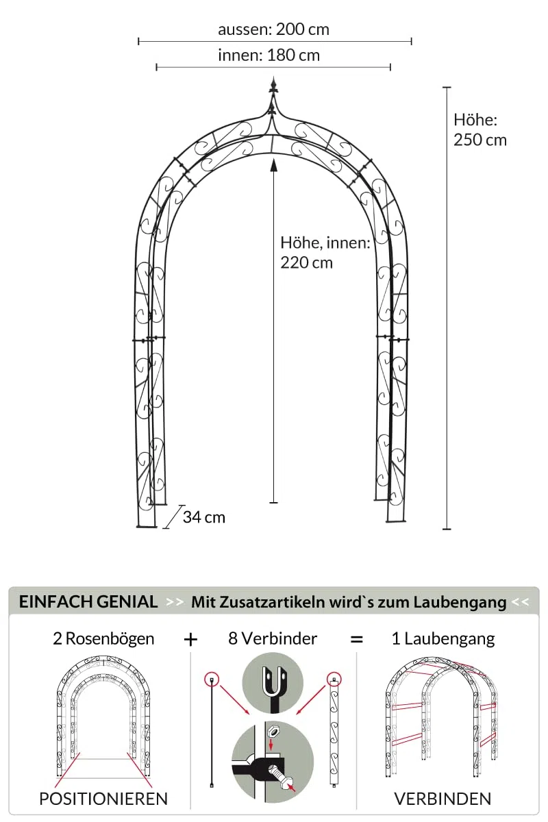 KUHEIGA Stabiler Rosenbogen aus Metall 10mm Massiveisen Breite: 200cm Verzinkt Zink