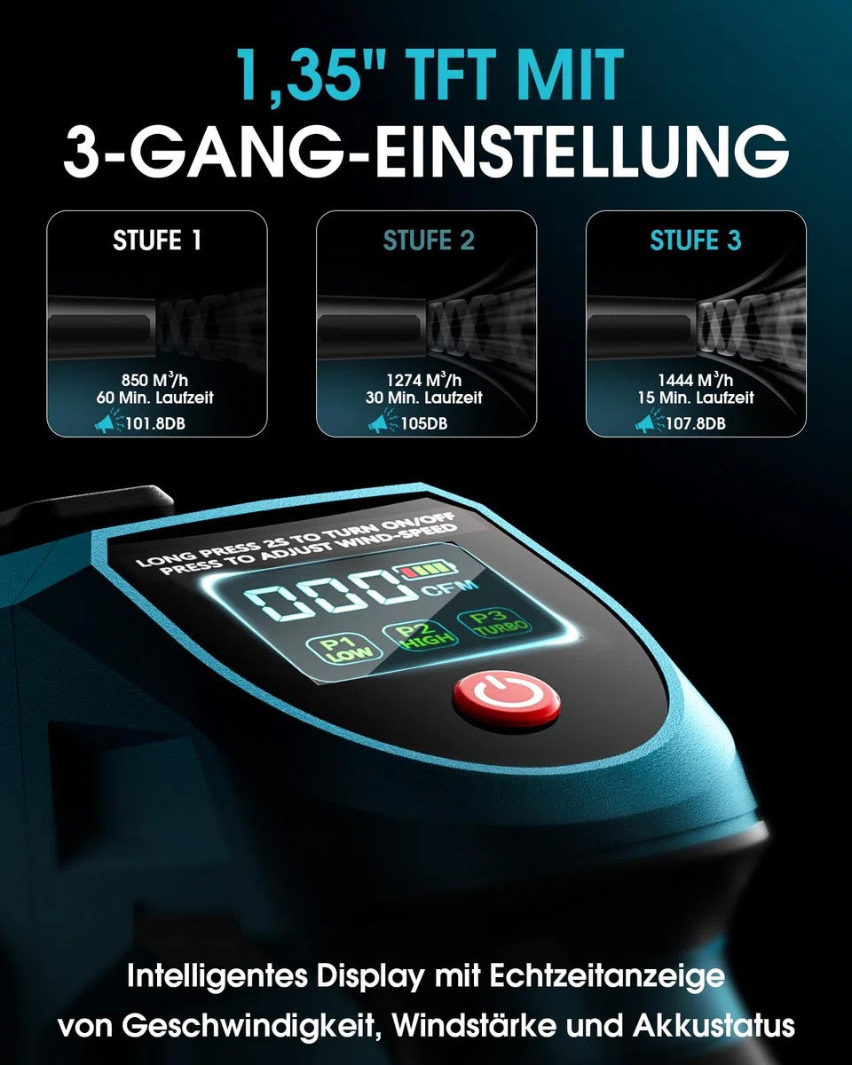 Akku-Laubbläser 1444m³/h,402 km/h Elektro-Laubbläser mit Bürstenlosem Motor,1,35" TFT-Display,2x5,4Ah Akkus,2,0A Schnellladegerät für Rasenpflege,Garten,Laubblasen,Staub,Schnee(Blau)
