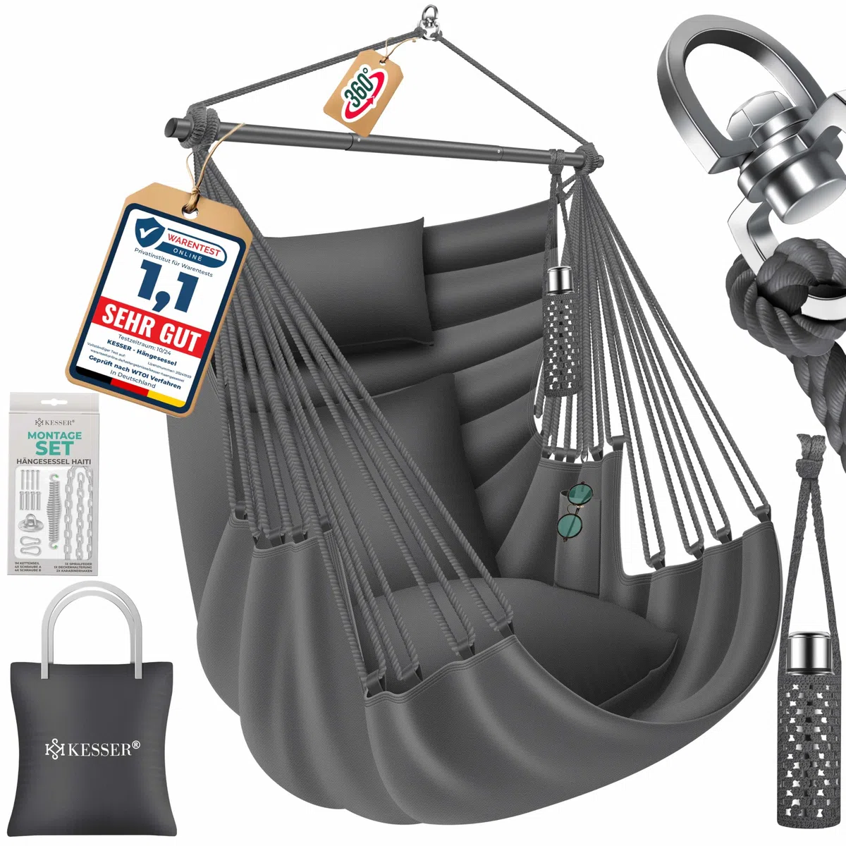 KESSER® Hängesessel Haiti 150kg Traglast, Hängestuhl 360° Drehung, Hängeschaukel Indoor-Outdoor UV-beständig & Wasserfest, Pflegeleicht, Inkl. 2 Kissen, Tragetasche, Flaschenhalter & Montage-Set