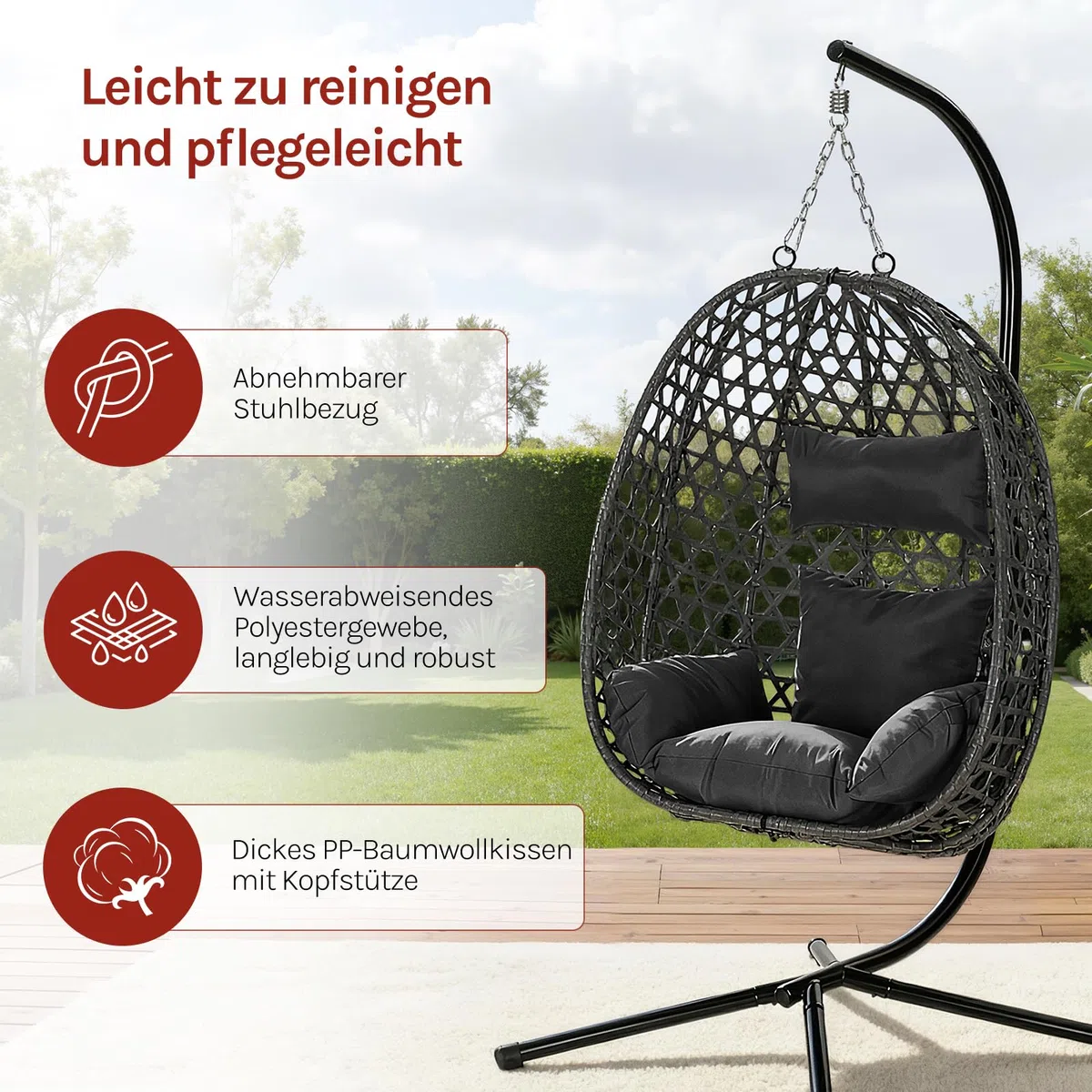 WOLTU Hängesessel mit Gestell, bis 150 kg belastbar, PE-Rattan Hängestuhl, mit Sitzkissen und Kopfstütze, für Indoor und Outdoor, Schwarz