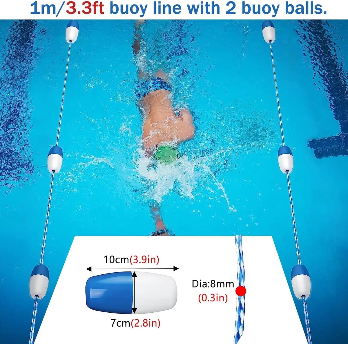 Generisch Sicherheits-Pool-Trennseil-Schwimmer - Strapazierfähige schwimmende Nylon-Leine für Schwimmbäder, Wasserabscheider mit hohem Auftrieb (Größe: 10 m) - Erhöhte Poolsicherheit