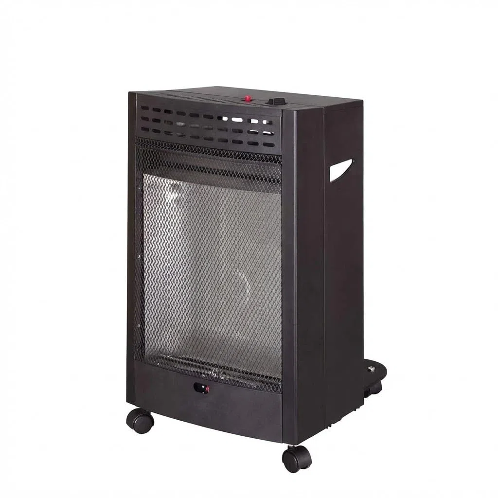 Gazcamp Blueflame Mobile Gasheizung, 4,2 kW, mit ODS Sauerstoffmangelsicherung, Piezozündung, für Propan/Butan/LPG, 2 Heizstufen, 430 x 460 x 743 mm, Schwarz, mit Rollen