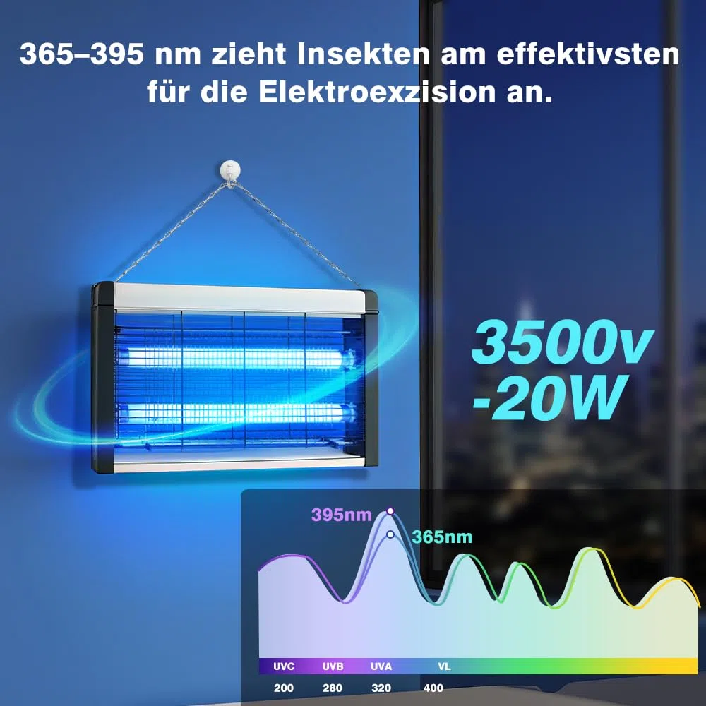 Insektenvernichter Elektrisch, Leistungsstark 3500V & 20W UV Elektrische Fliegenfalle, Mückenlampe mit Waschbares Tablett und Aufhängekette Geeignet für Schlafzimmer, Wohnzimmer, Esszimmer