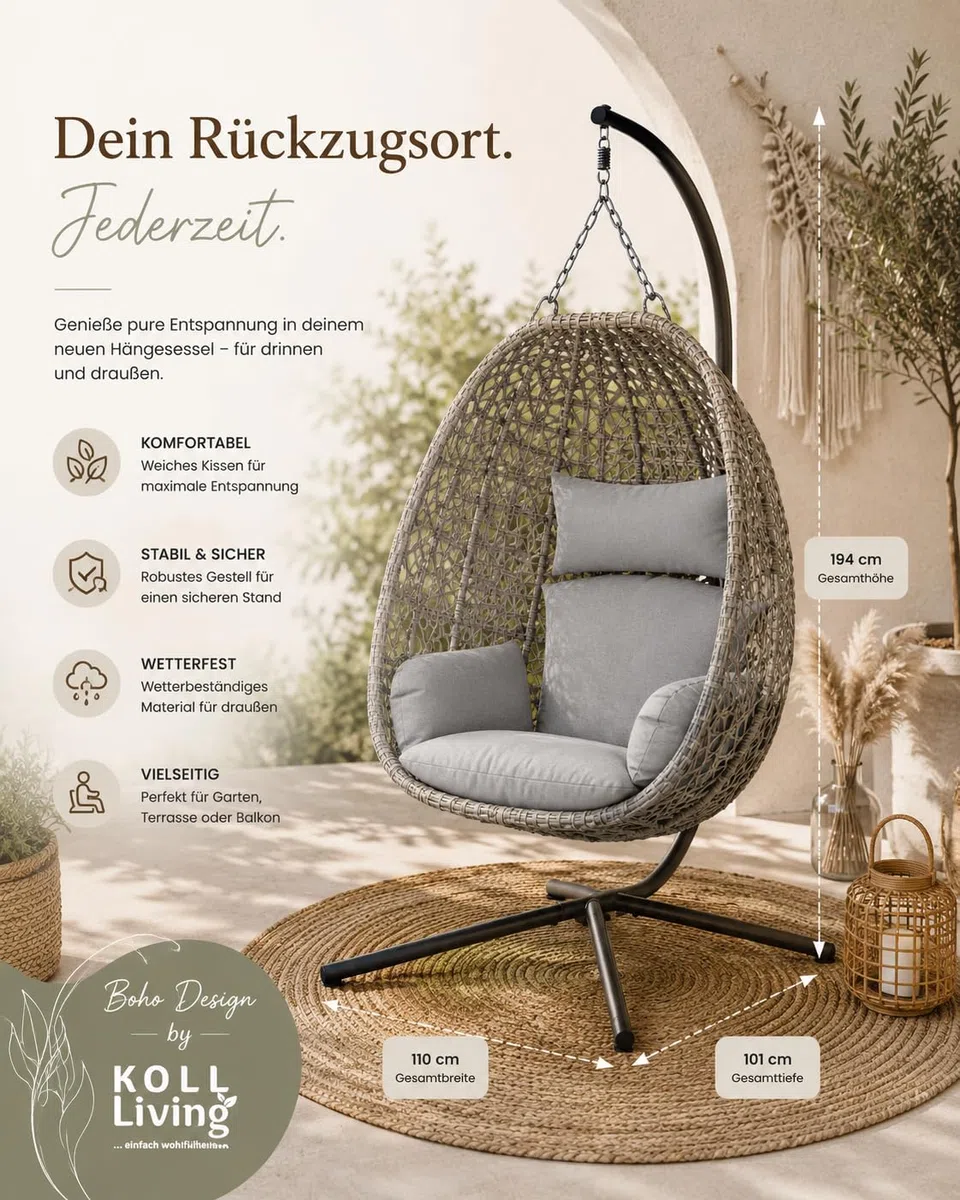 Koll Living Outdoor Hängesessel Luna | Rattanoptik Beige/Grau | Wetterfester Gartensessel mit Stahlgestell & Komfortkissen | UV-beständig & wasserabweisend | 95 x 103 x 197 cm